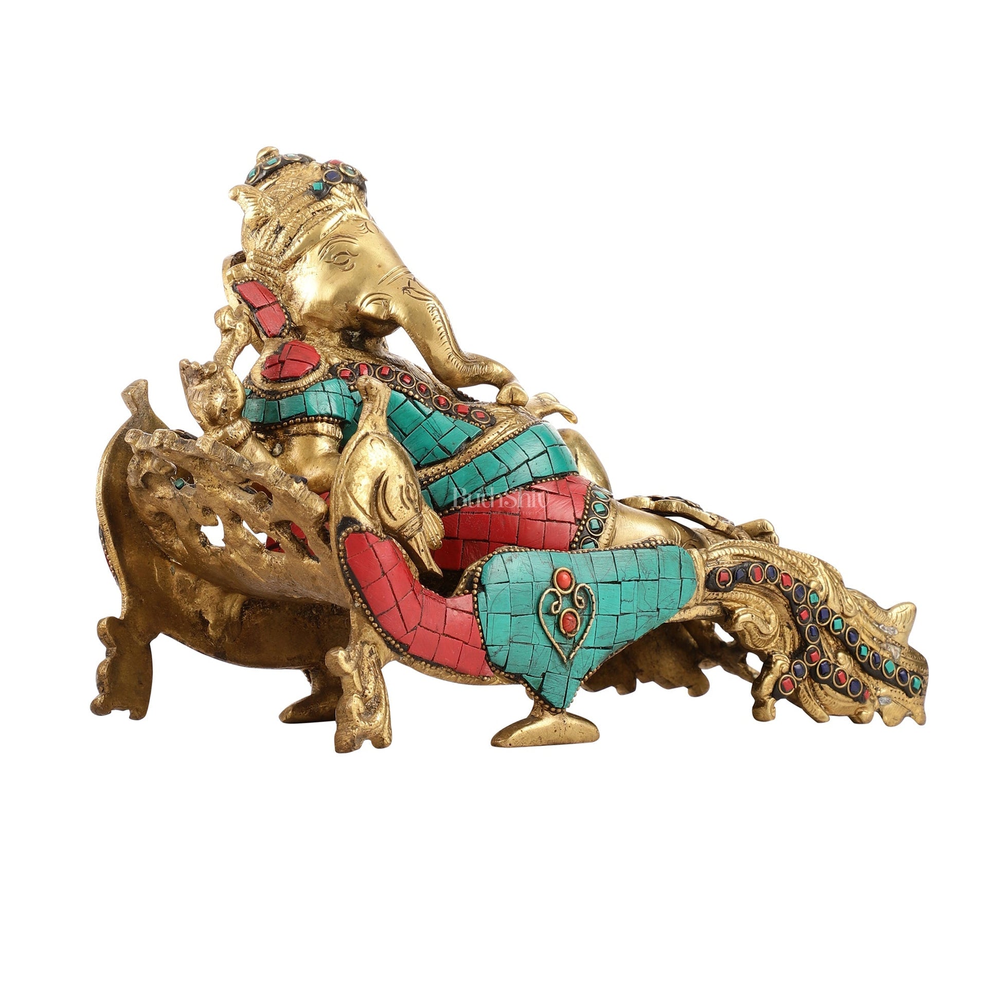 Handcrafted Brass Ganapathi on Peacock Throne with Multi-Coloured Stones