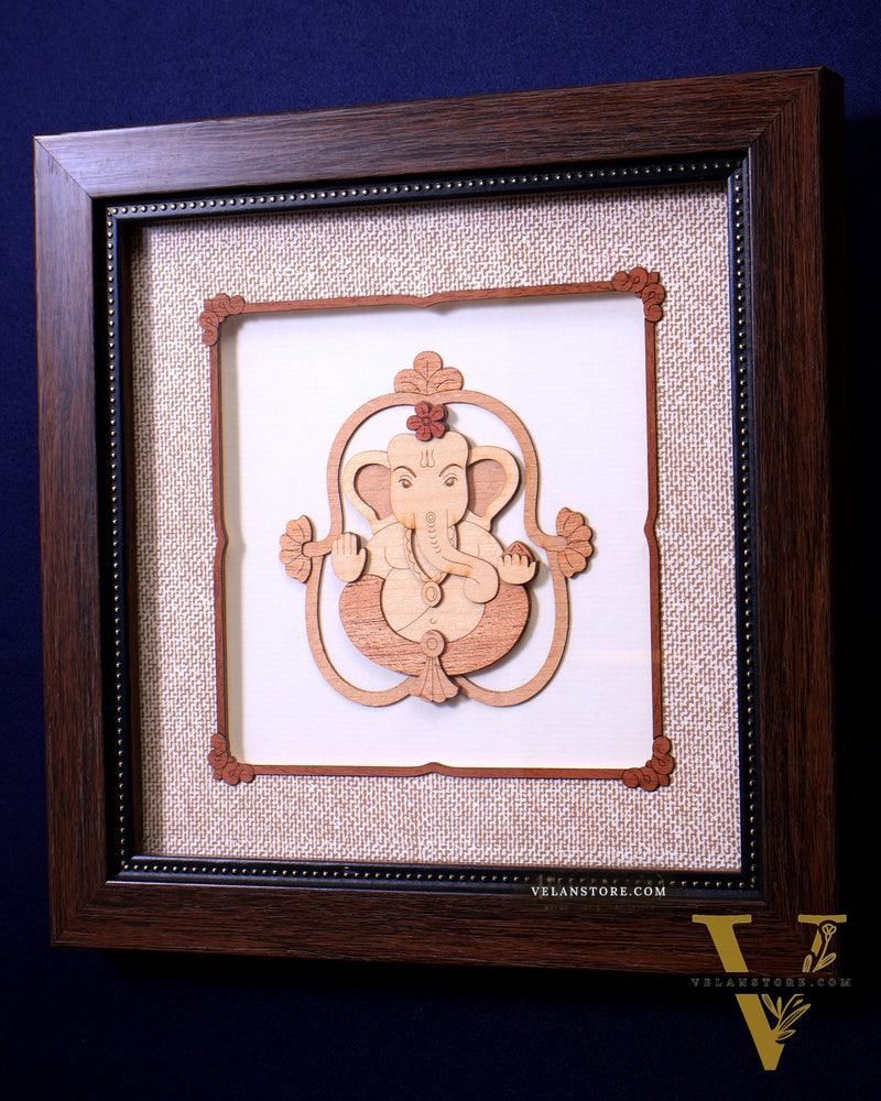 Lord Ganesha 3D Wood Carved Wall Hanging with Glass Frame