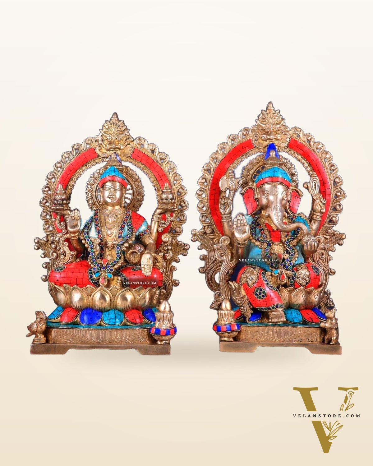 Lord Ganesha and Goddess Lakshmi Brass Statues - Height 18 inches