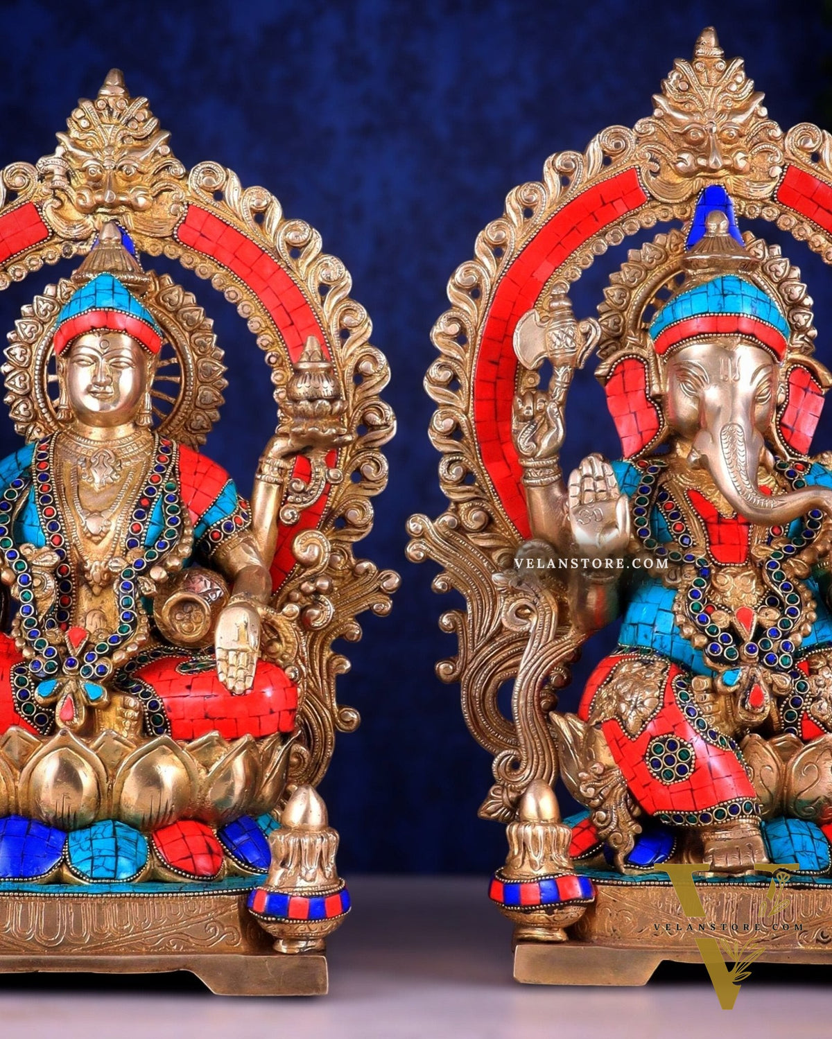 Lord Ganesha and Goddess Lakshmi Brass Statues - Height 18 inches