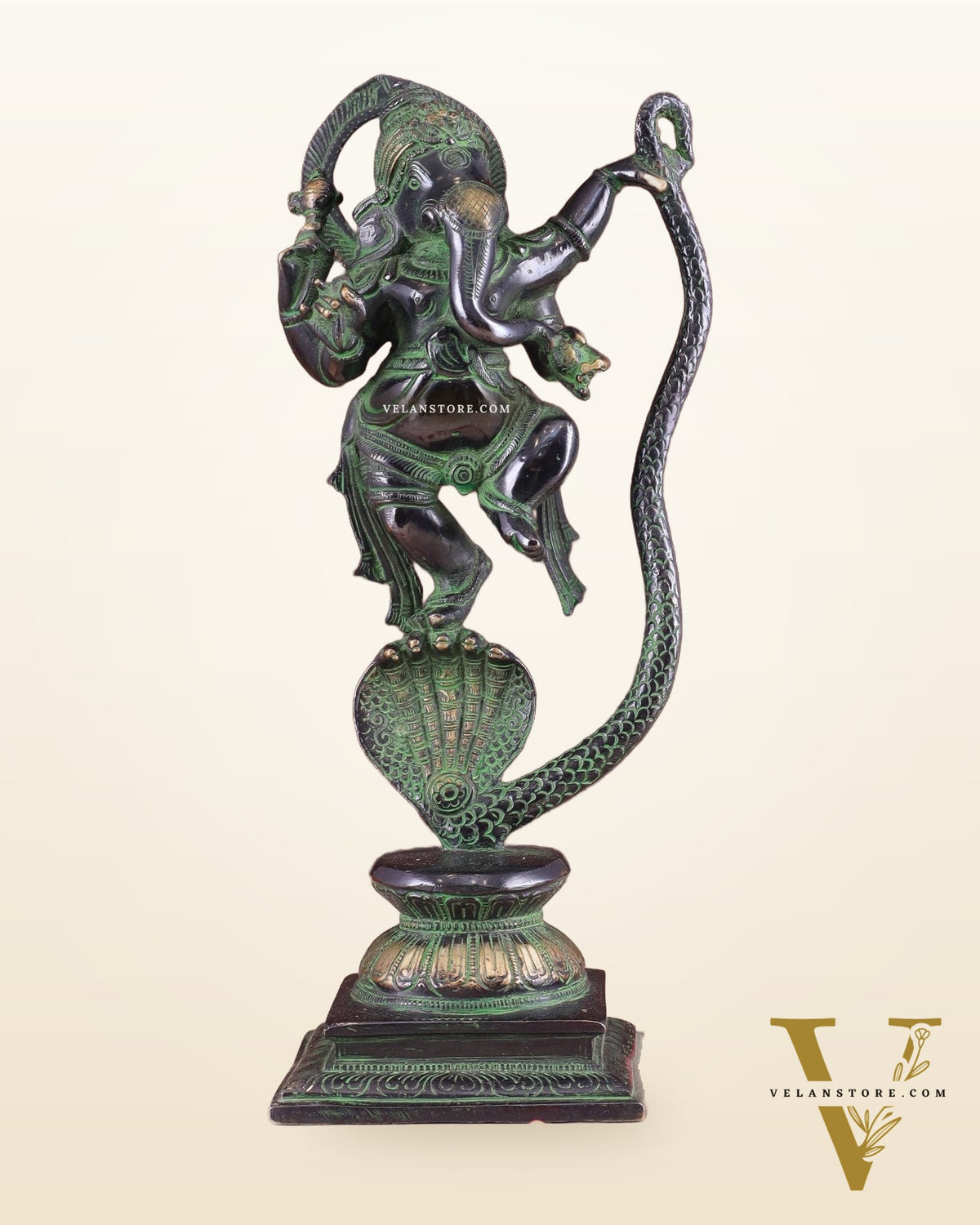 Lord Ganesha Dancing on Snake Brass Statue – Black & Green Antique Finish