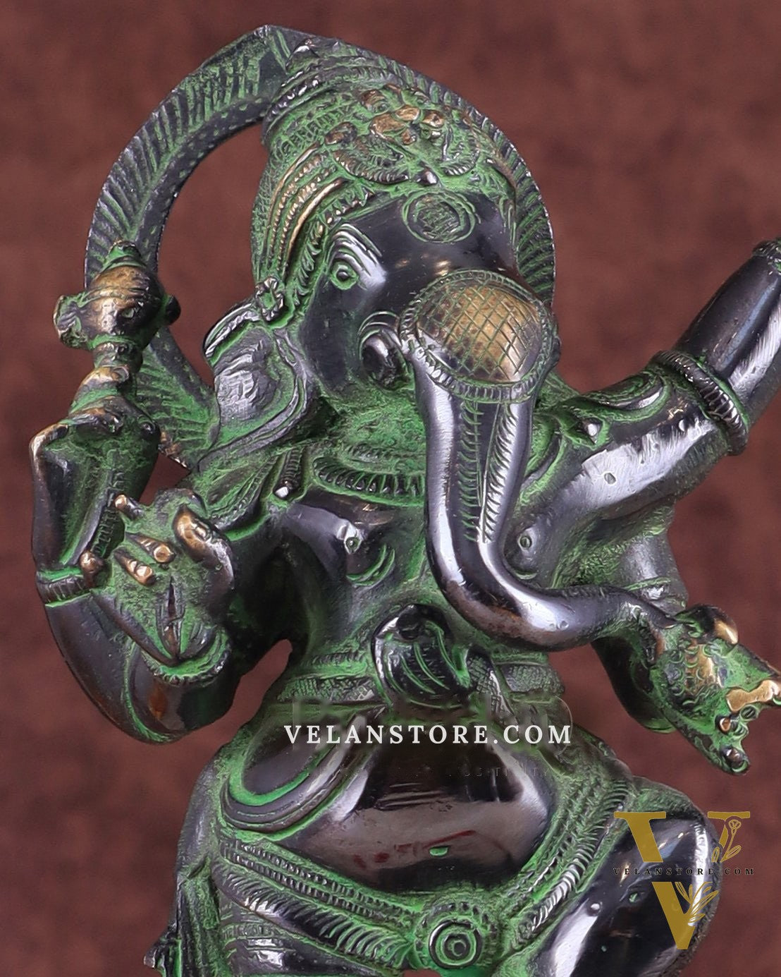 Lord Ganesha Dancing on Snake Brass Statue – Black & Green Antique Finish