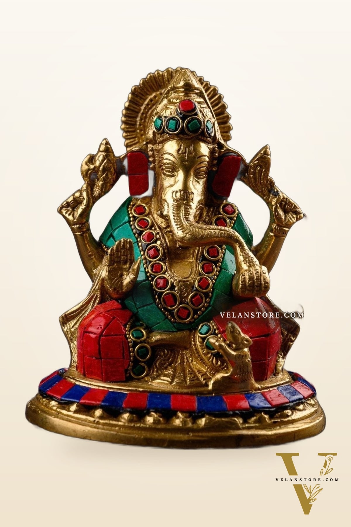 Lord Ganesha Ganpati Brass Idol Figure with Stonework 5.5 inches Mighty Form