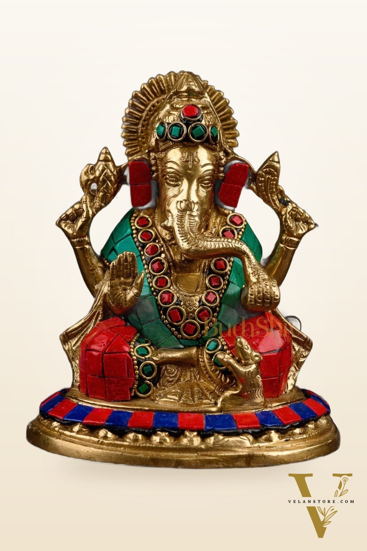 Lord Ganesha Ganpati Brass Idol Figure with Stonework 5.5 inches Mighty Form
