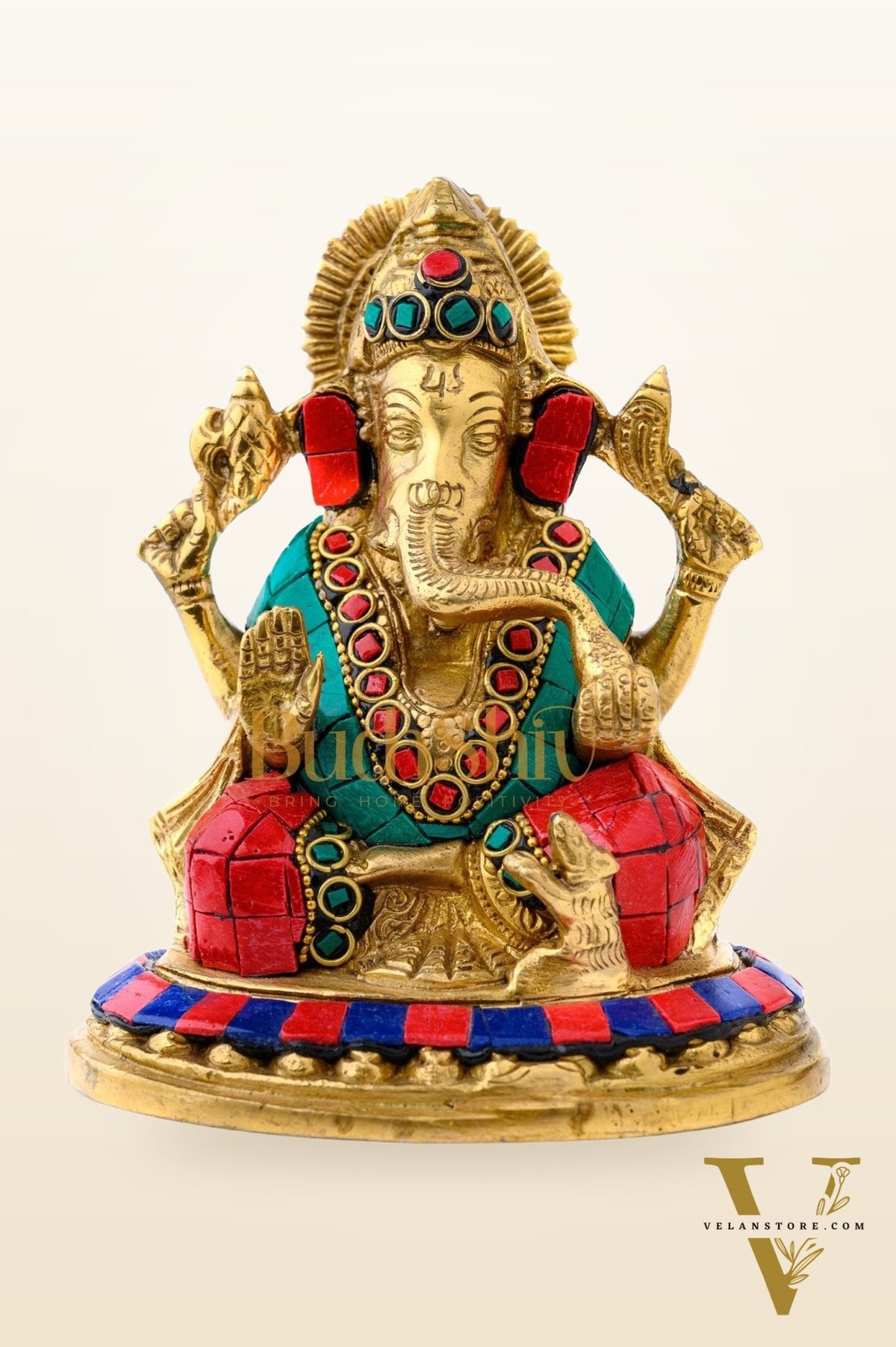 Lord Ganesha Ganpati Brass Idol Figure with Stonework 5.5 inches Mighty Form