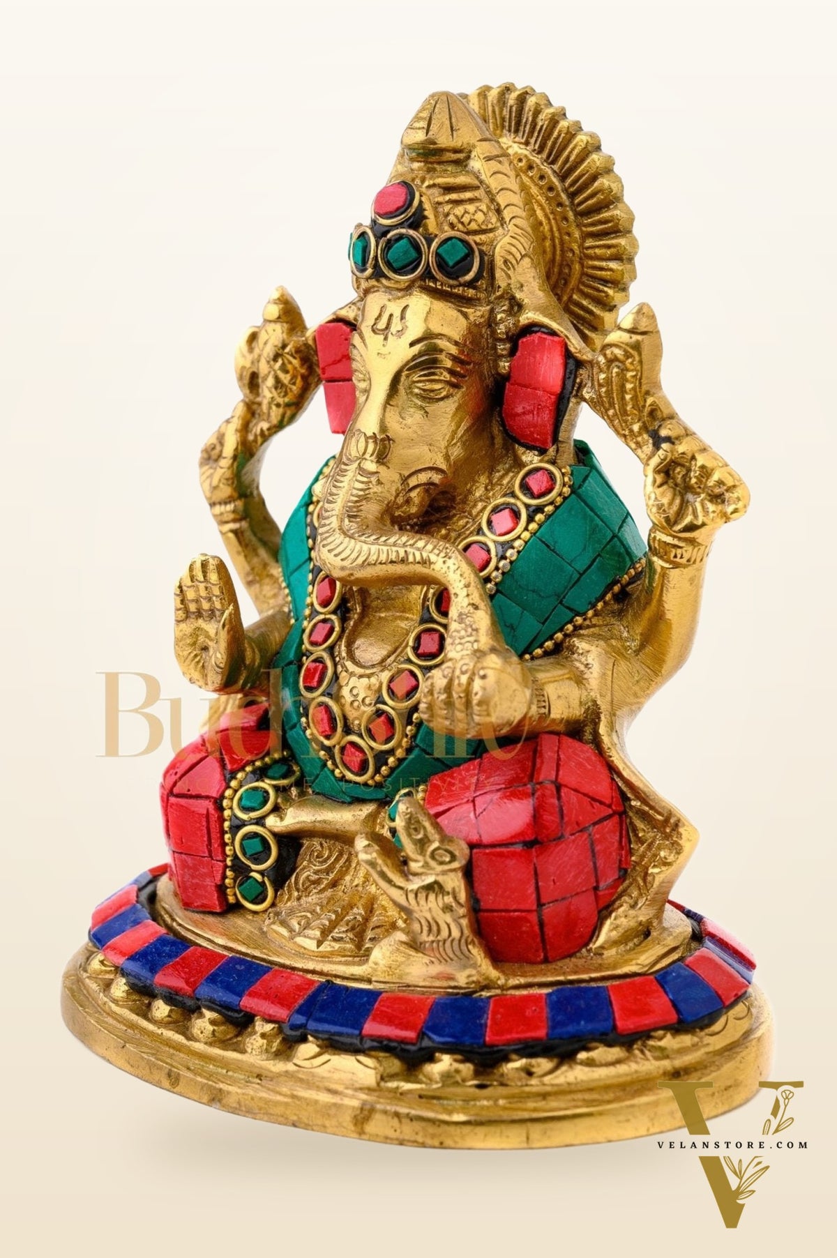 Lord Ganesha Ganpati Brass Idol Figure with Stonework 5.5 inches Mighty Form
