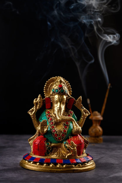 Lord Ganesha Ganpati Brass Idol Figure with Stonework 5.5 inches Mighty Form
