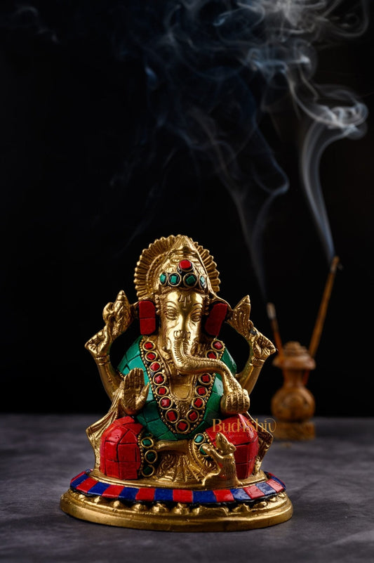 Lord Ganesha Ganpati Brass Idol Figure with Stonework 5.5 inches Mighty Form