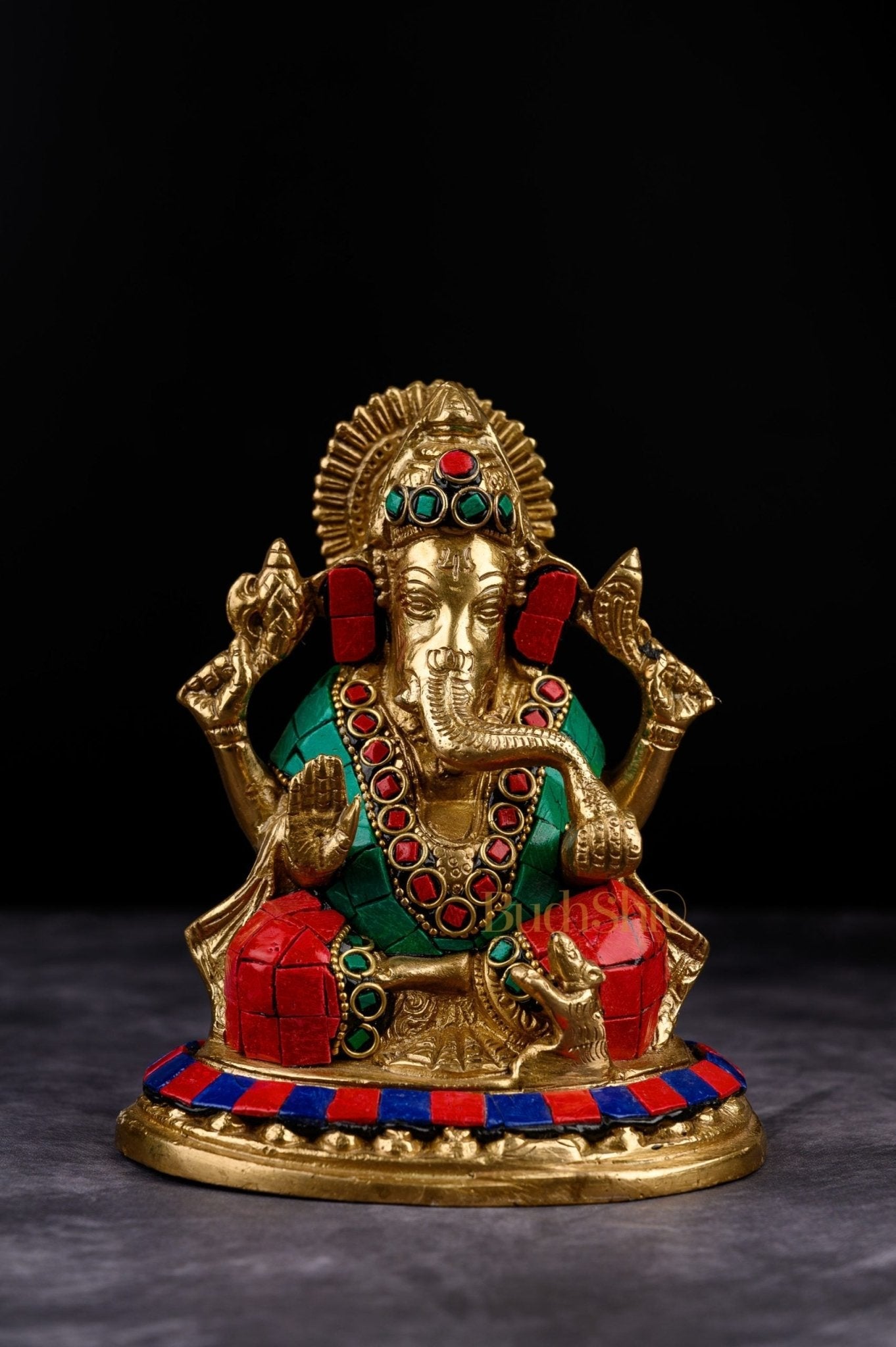 Lord Ganesha Ganpati Brass Idol Figure with Stonework 5.5 inches Mighty Form