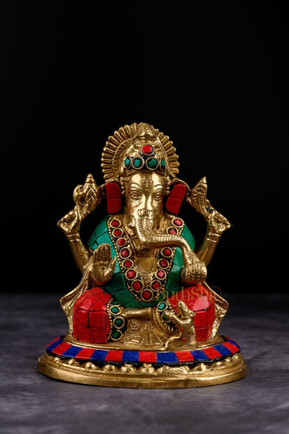 Lord Ganesha Ganpati Brass Idol Figure with Stonework 5.5 inches Mighty Form
