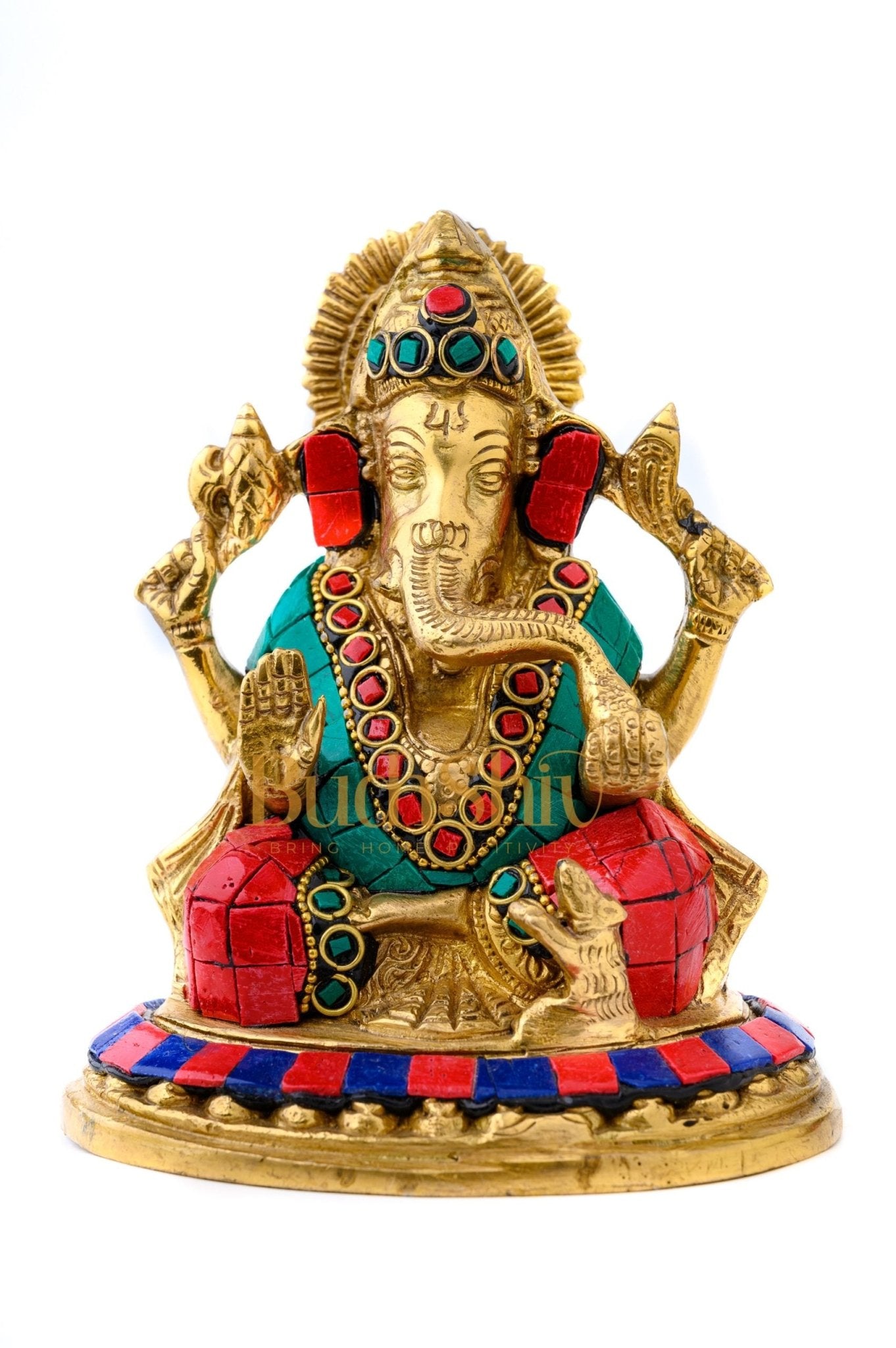 Lord Ganesha Ganpati Brass Idol Figure with Stonework 5.5 inches Mighty Form
