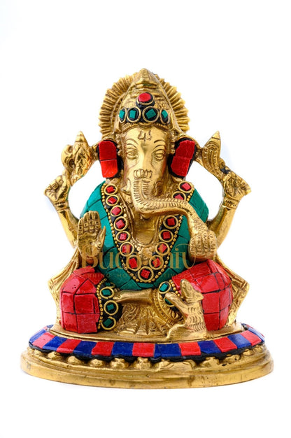 Lord Ganesha Ganpati Brass Idol Figure with Stonework 5.5 inches Mighty Form