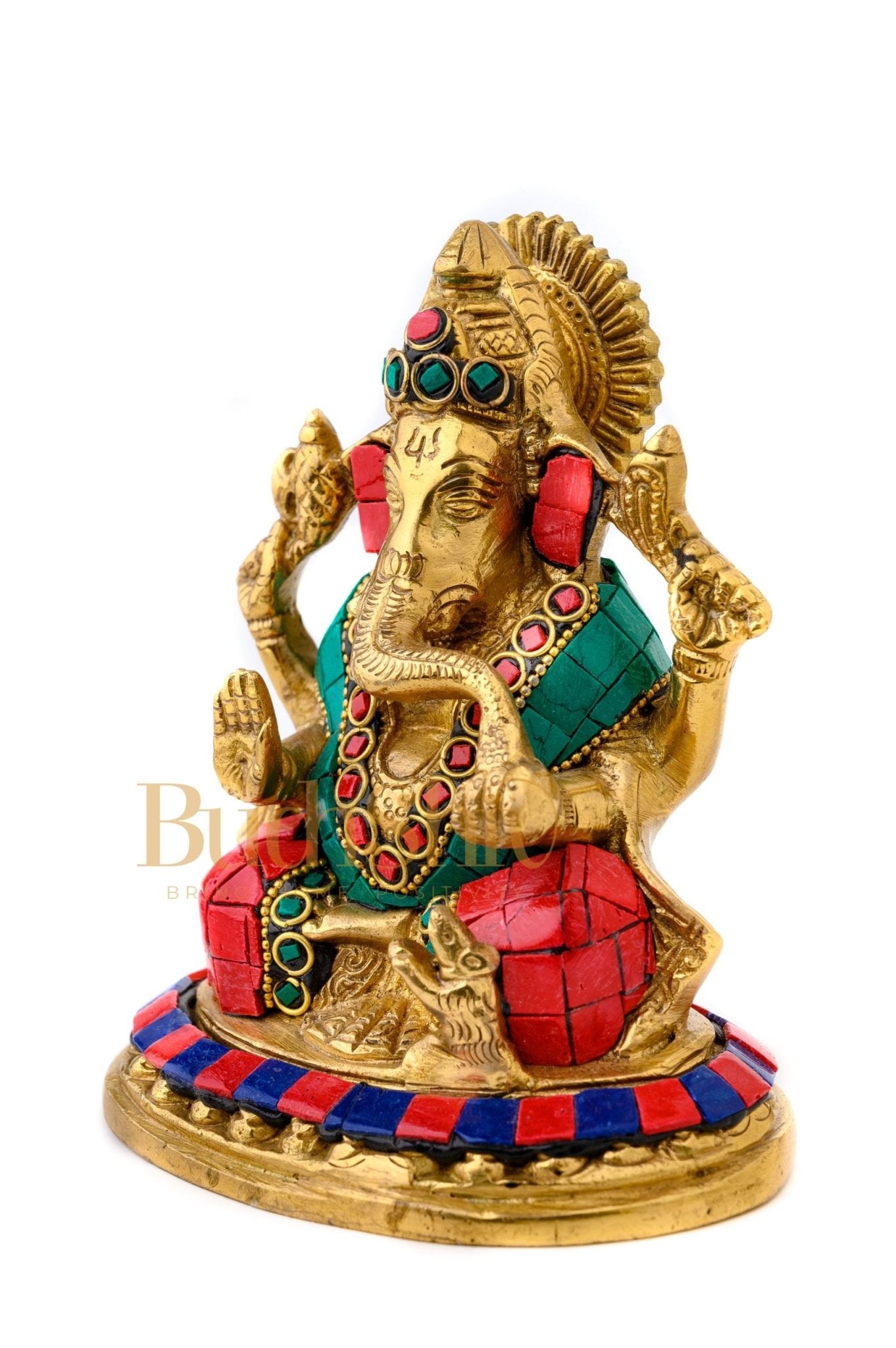 Lord Ganesha Ganpati Brass Idol Figure with Stonework 5.5 inches Mighty Form