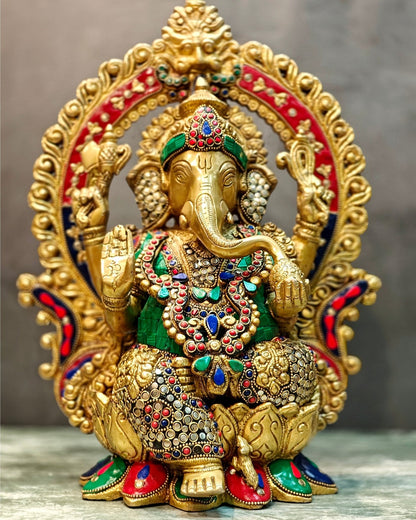 Lord Ganesha Idol with Stonework 15 inch