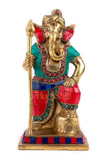 Lord Ganesha with Spear Ganpati Brass Idol | Figure | murti Dressed in Natural Stones