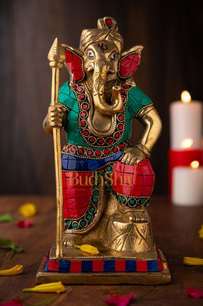 Lord Ganesha with Spear Ganpati Brass Idol | Figure | murti Dressed in Natural Stones