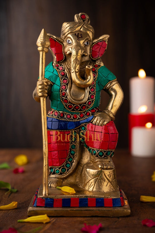 Lord Ganesha with Spear Ganpati Brass Idol | Figure | murti Dressed in Natural Stones