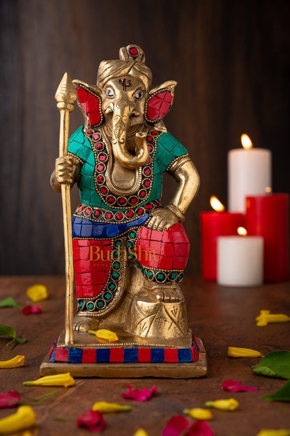 Lord Ganesha with Spear Ganpati Brass Idol | Figure | murti Dressed in Natural Stones