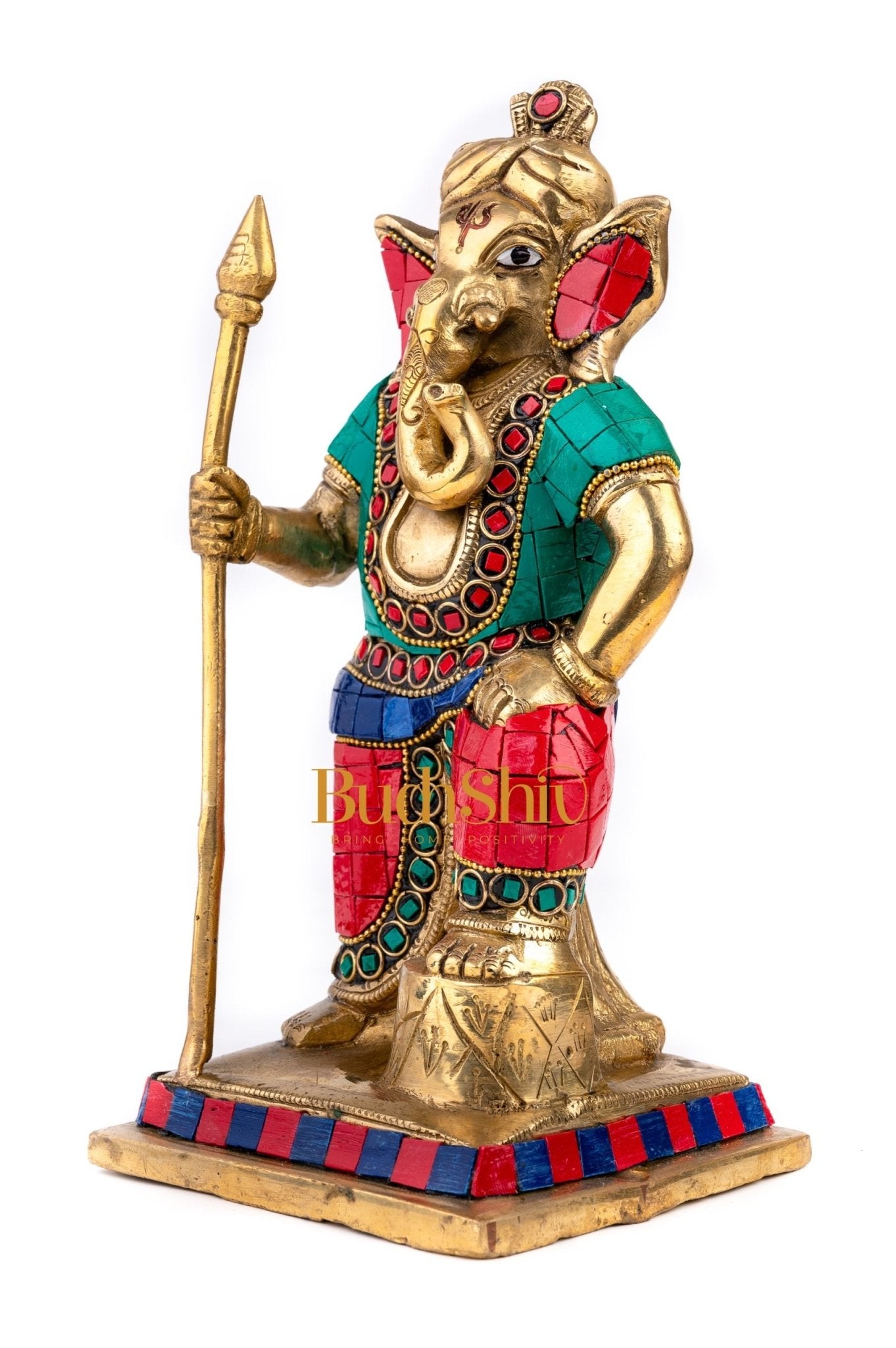 Lord Ganesha with Spear Ganpati Brass Idol | Figure | murti Dressed in Natural Stones