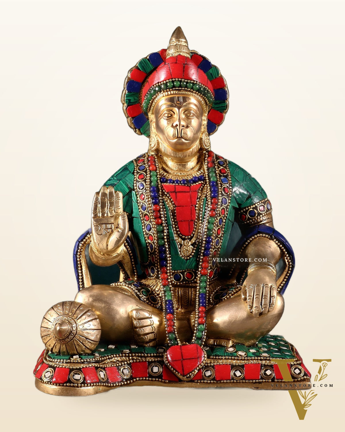 Lord Hanuman Brass Idol 9.5" Tall | Meenakari Stonework