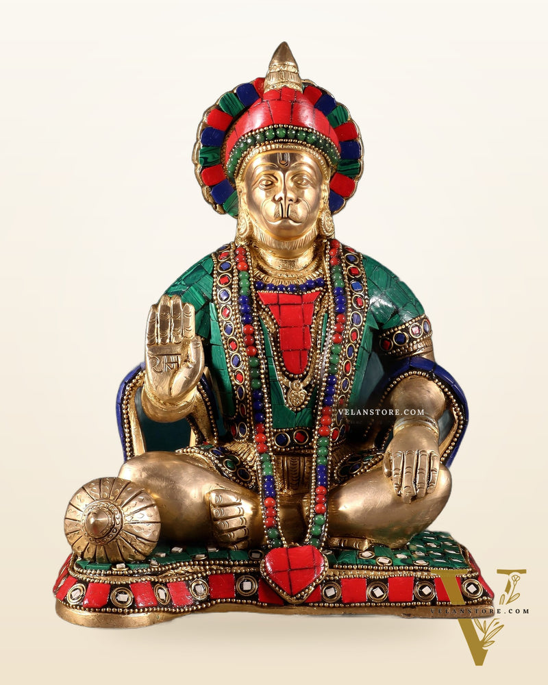 Lord Hanuman Brass Idol 9.5" Tall | Meenakari Stonework