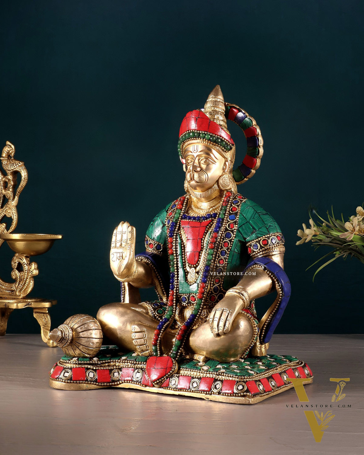 Lord Hanuman Brass Idol 9.5" Tall | Meenakari Stonework