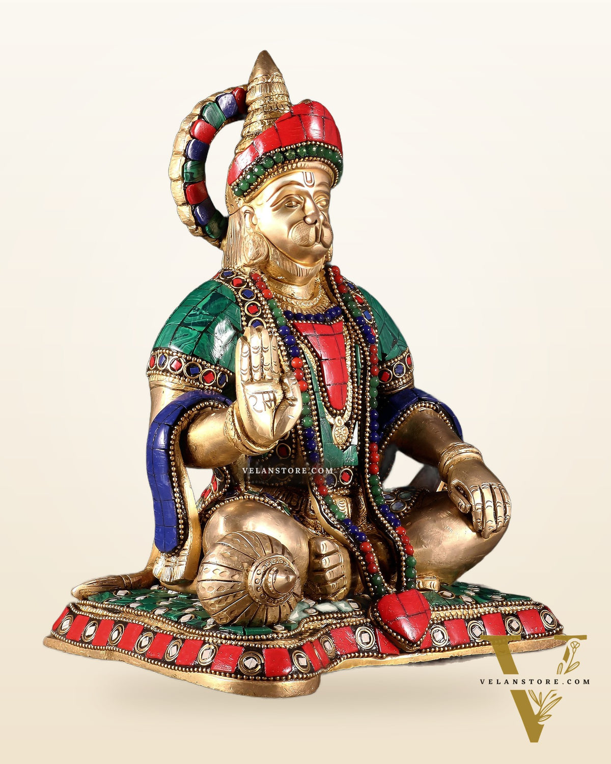 Lord Hanuman Brass Idol 9.5" Tall | Meenakari Stonework