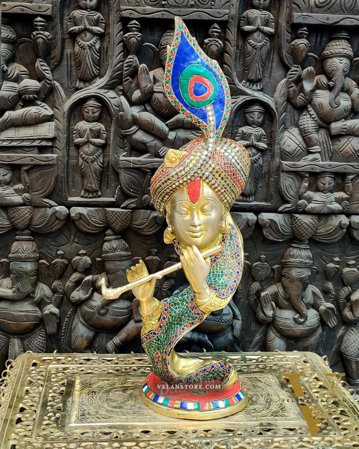 Lord Krishna Brass Idol with Colored Stones | Height 20 inch