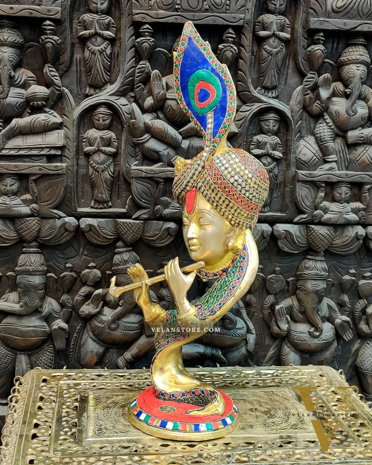 Lord Krishna Brass Idol with Colored Stones | Height 20 inch