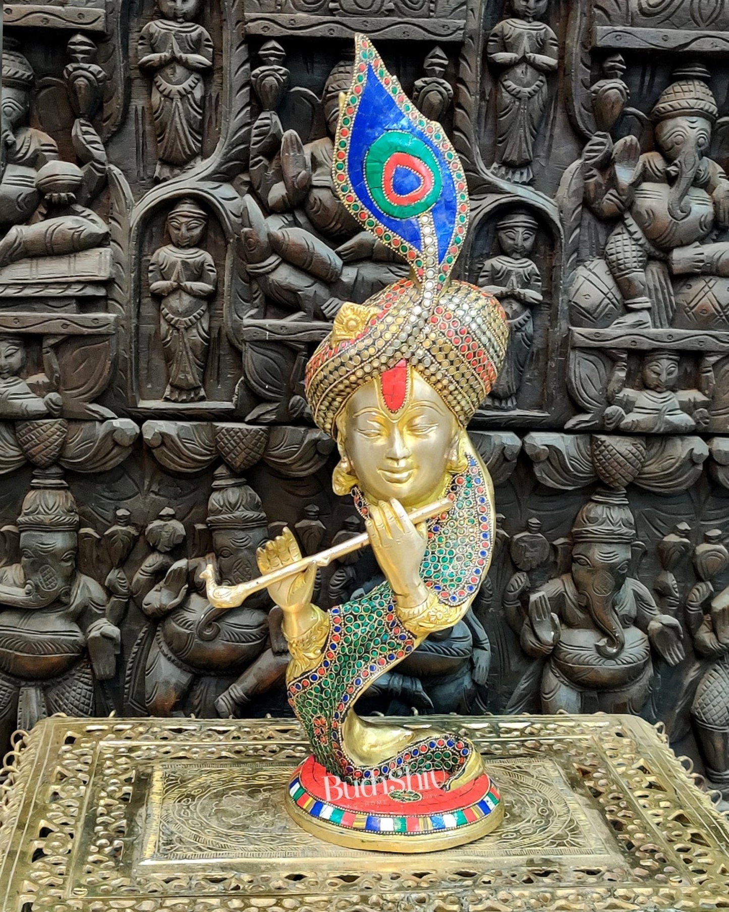 Lord Krishna Brass Idol with Colored Stones | Height 20 inch