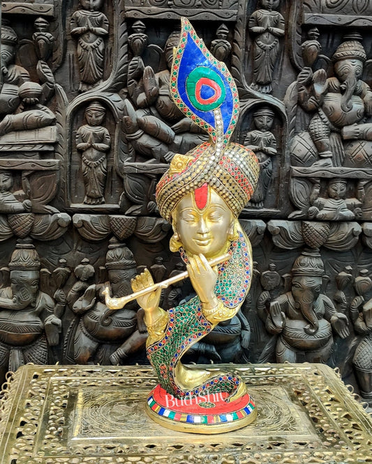 Lord Krishna Brass Idol with Colored Stones | Height 20 inch