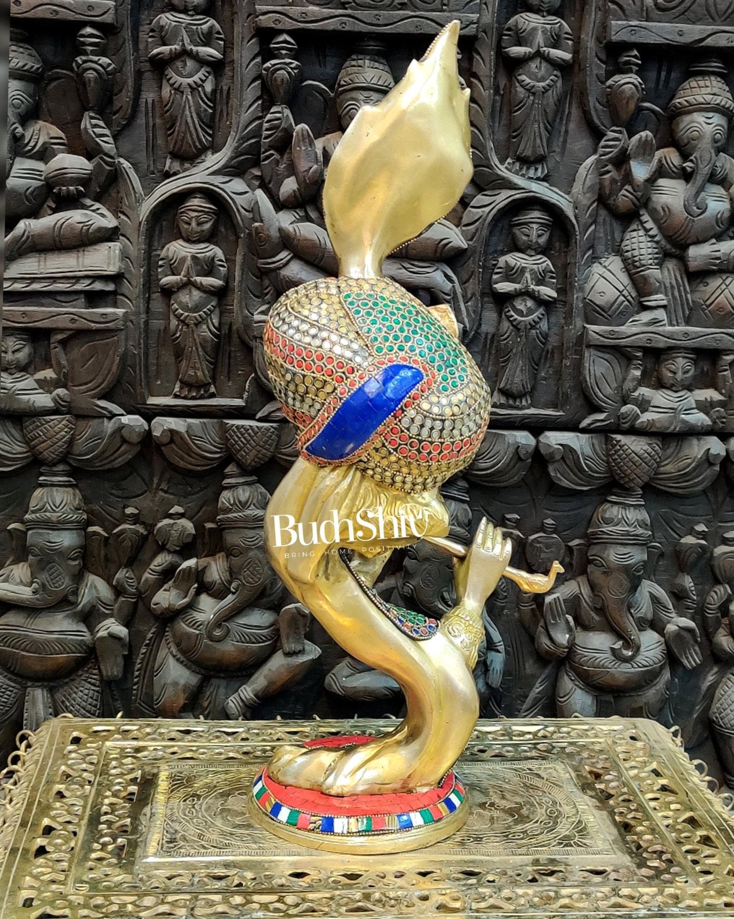 Lord Krishna Brass Idol with Colored Stones | Height 20 inch