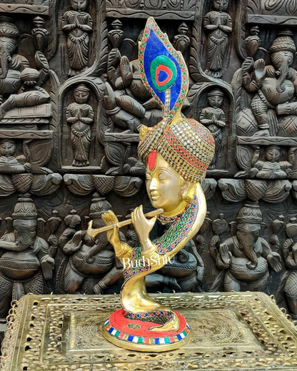 Lord Krishna Brass Idol with Colored Stones | Height 20 inch