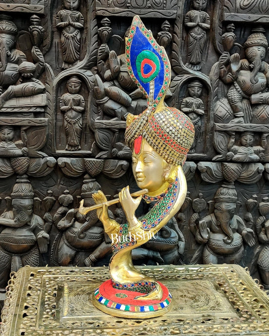 Lord Krishna Brass Idol with Colored Stones | Height 20 inch