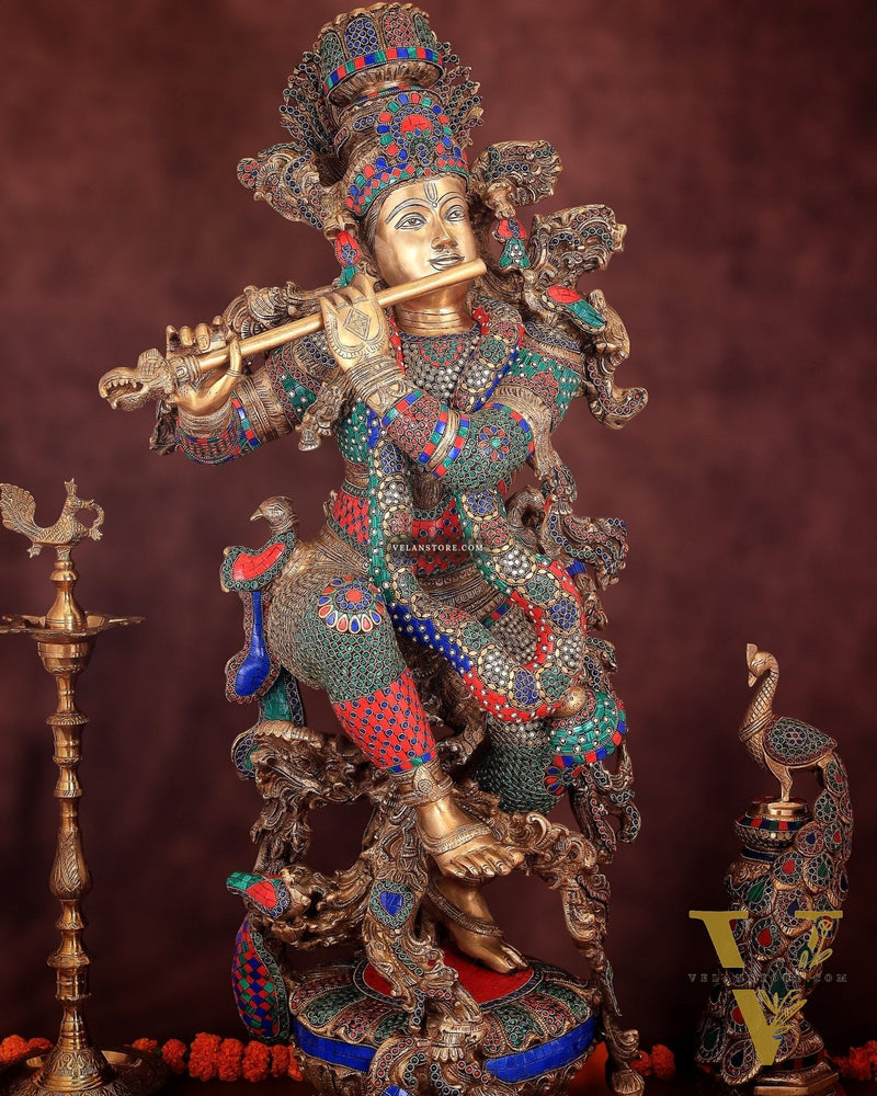 Lord Krishna Brass statue large size meenakari- 43 inch/3.75 feet