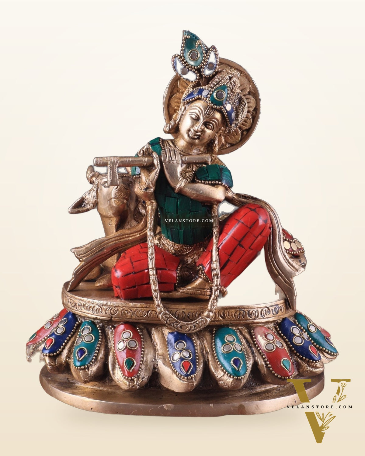 Lord krishna seated with cow brass idol with stonework 7.5 inch stonework