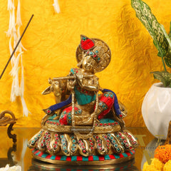 Lord krishna seated with cow brass idol with stonework 7.5 inch