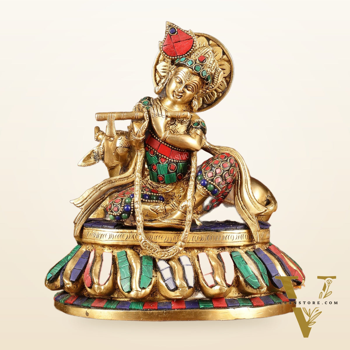 Lord krishna seated with cow brass idol with stonework 7.5 inch