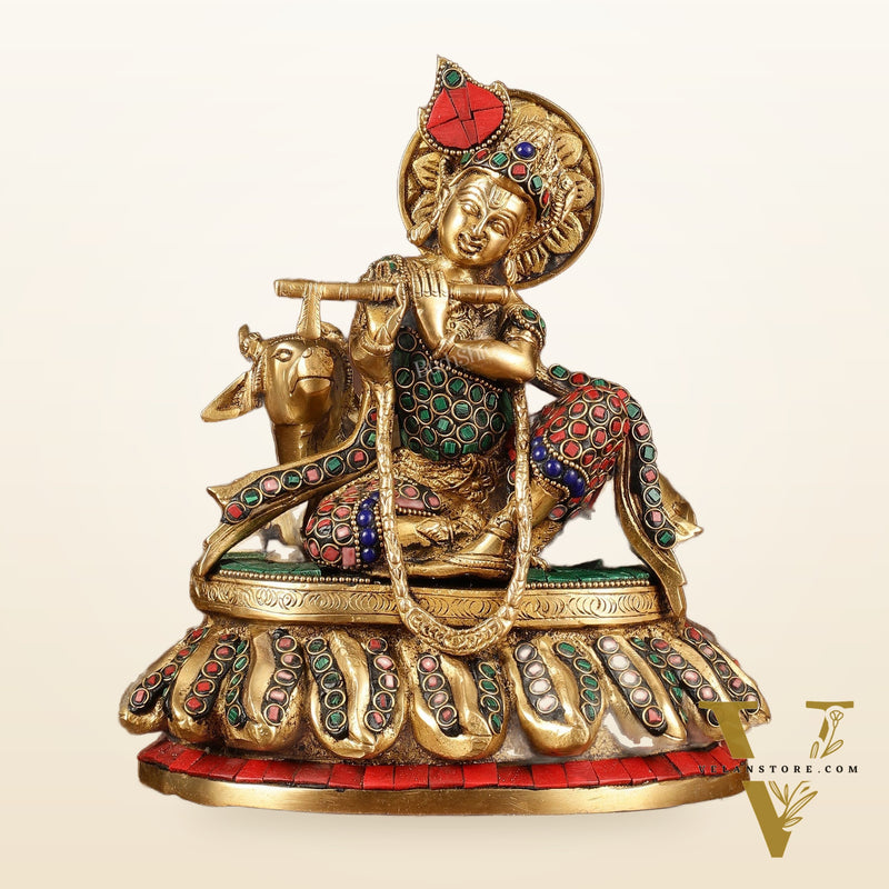 Lord krishna seated with cow brass idol with stonework 7.5 inch