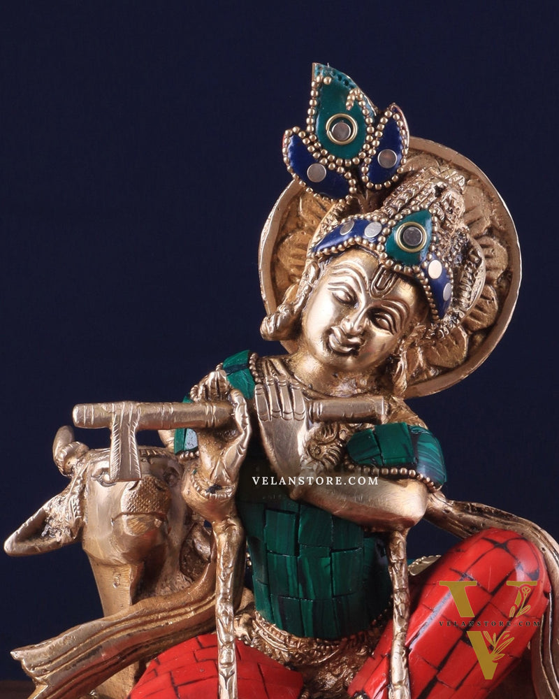 Lord krishna seated with cow brass idol with stonework 7.5 inch stonework
