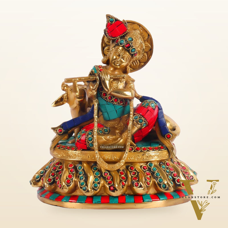Lord krishna seated with cow brass idol with stonework 7.5 inch