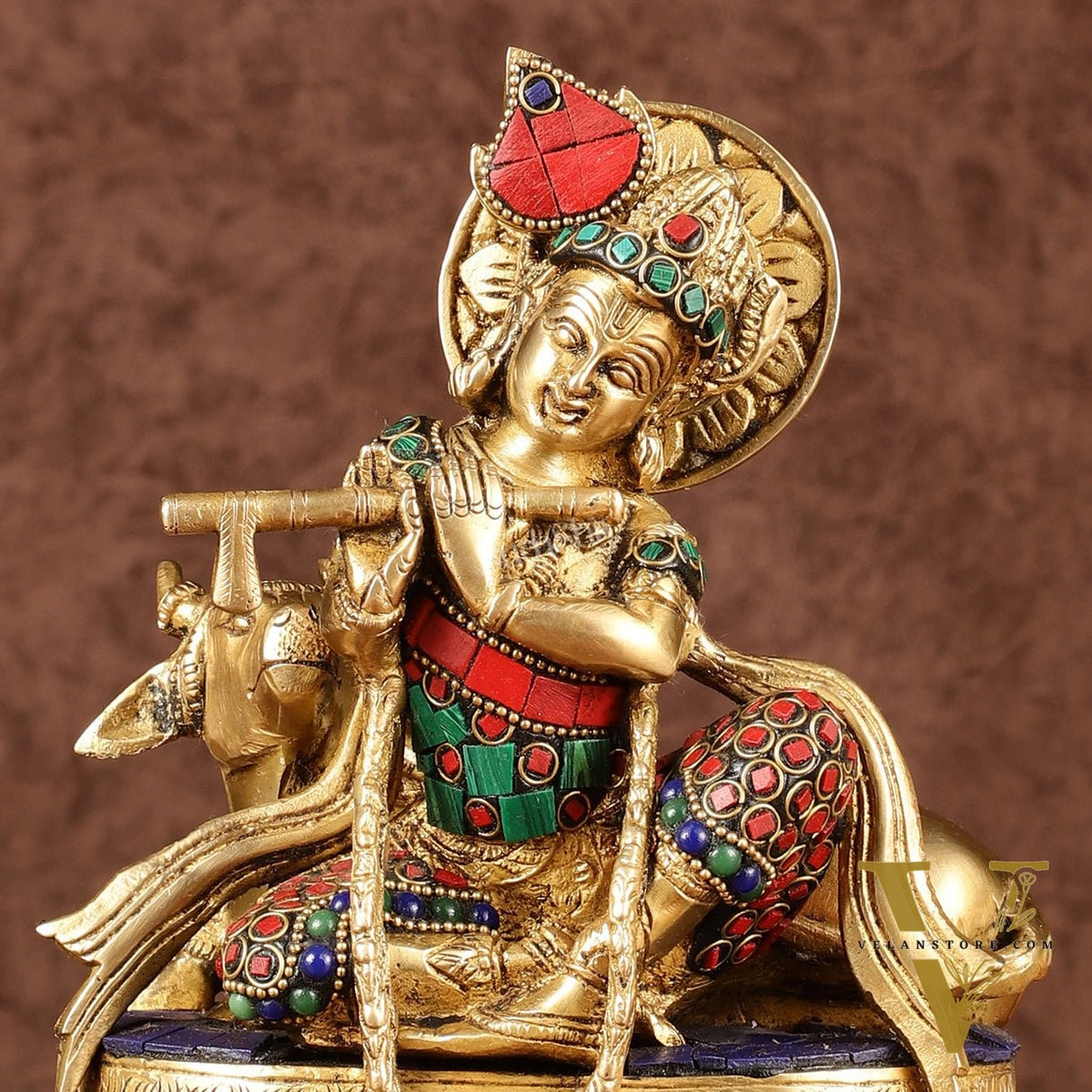 Lord krishna seated with cow brass idol with stonework 7.5 inch