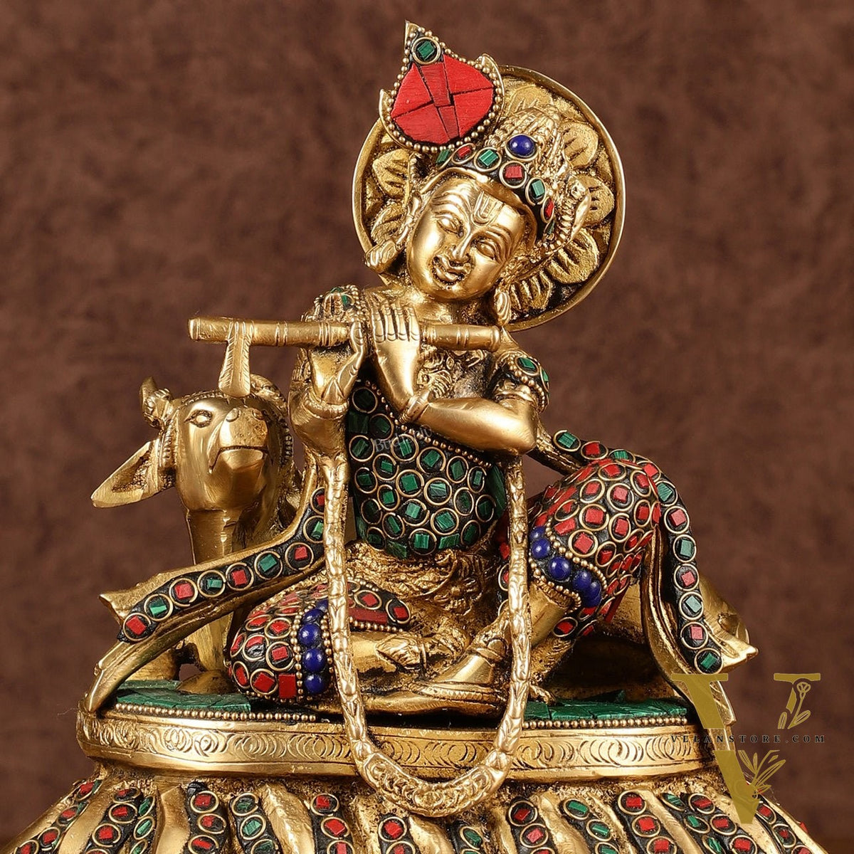Lord krishna seated with cow brass idol with stonework 7.5 inch