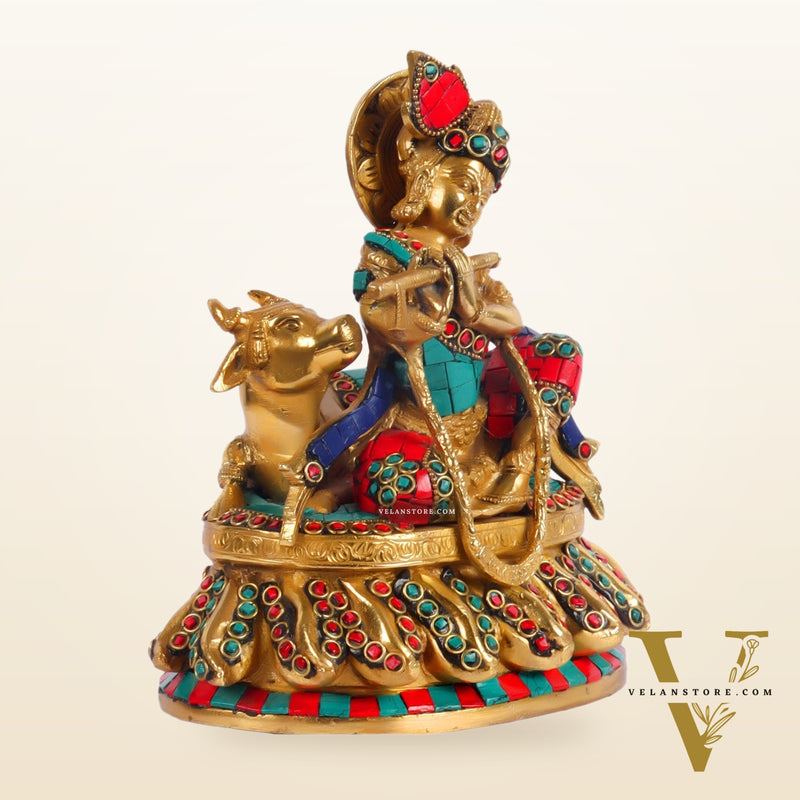 Lord krishna seated with cow brass idol with stonework 7.5 inch
