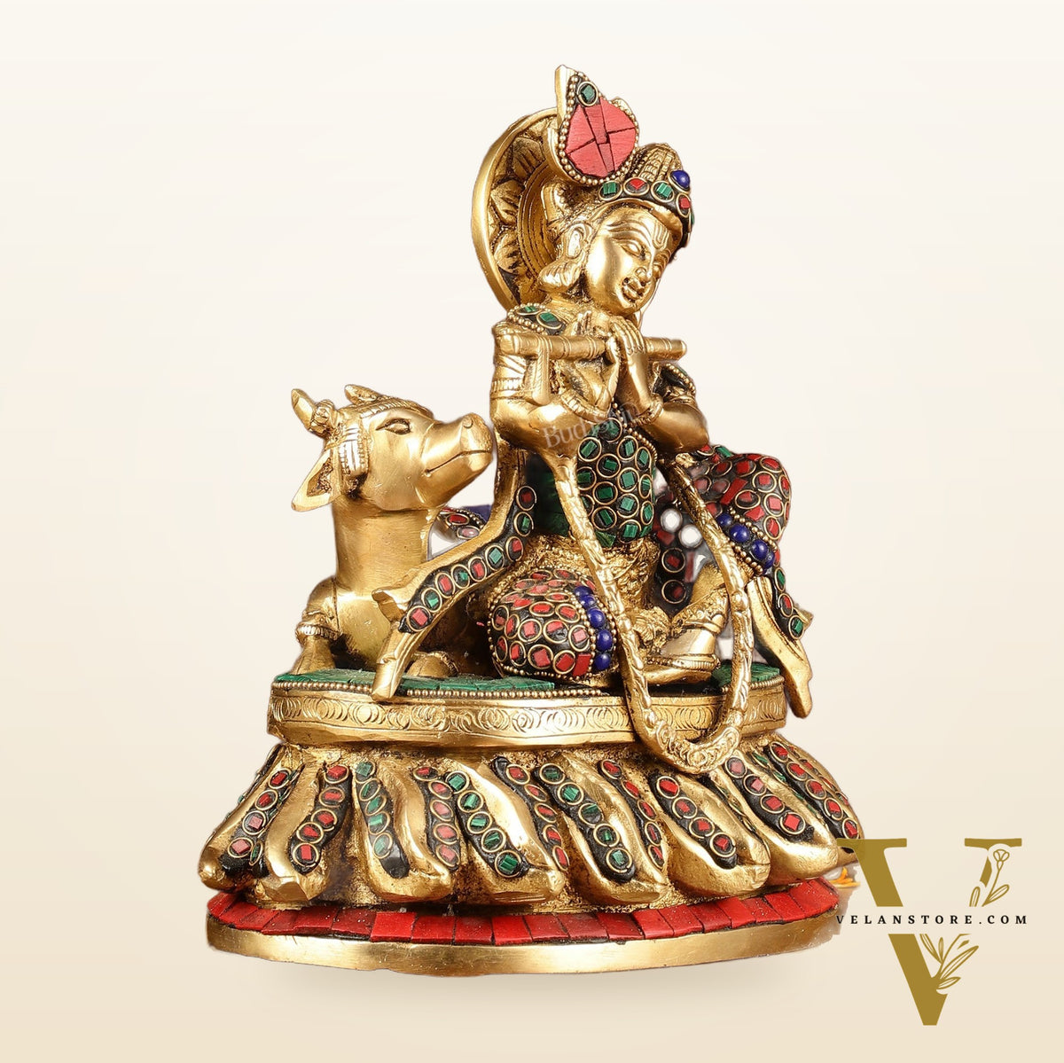 Lord krishna seated with cow brass idol with stonework 7.5 inch