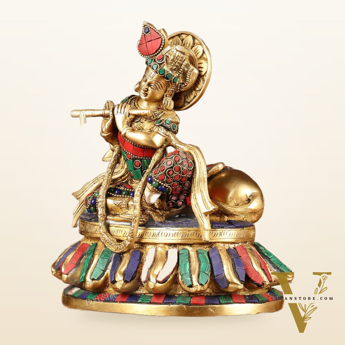 Lord krishna seated with cow brass idol with stonework 7.5 inch
