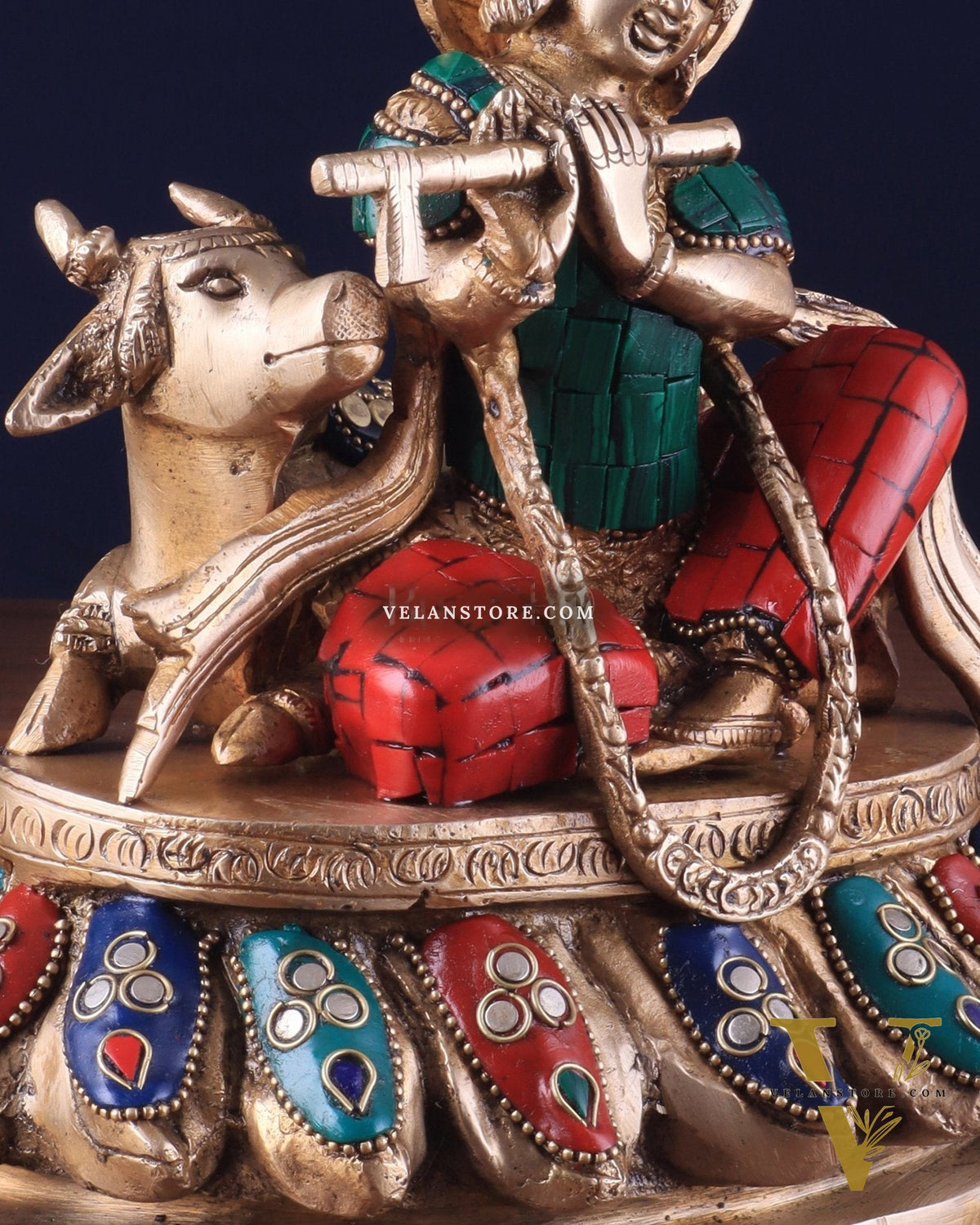 Lord krishna seated with cow brass idol with stonework 7.5 inch stonework