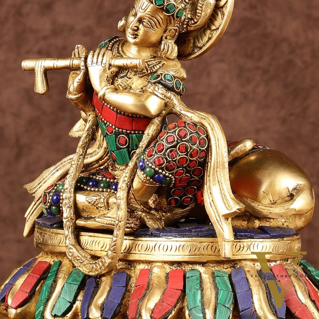Lord krishna seated with cow brass idol with stonework 7.5 inch