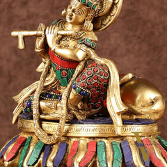 Lord krishna seated with cow brass idol with stonework 7.5 inch