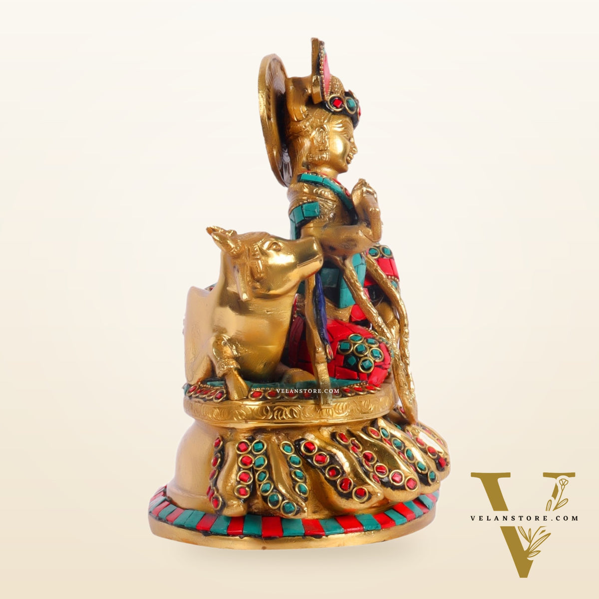 Lord krishna seated with cow brass idol with stonework 7.5 inch